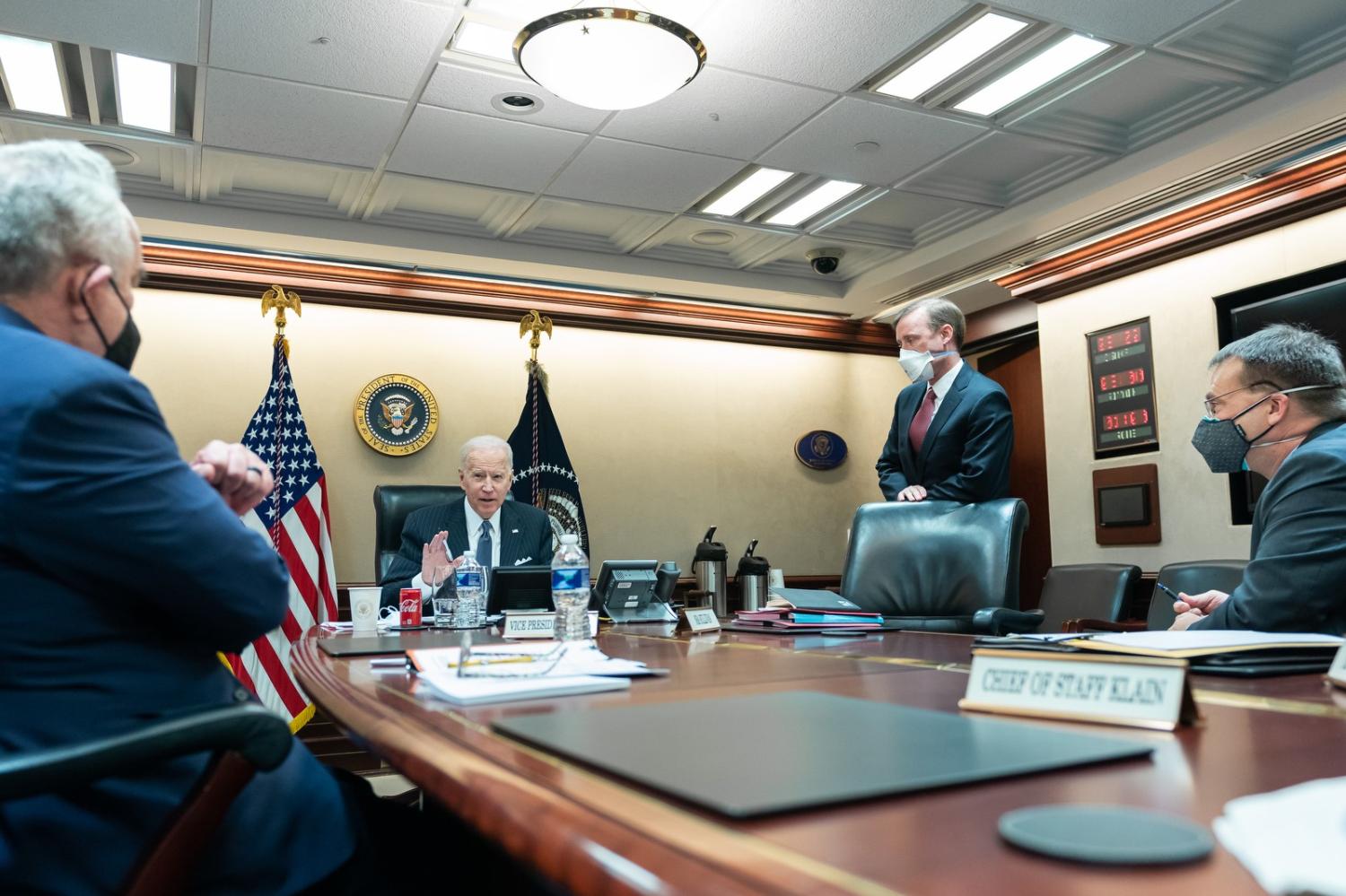 President Joe Biden talks by phone with Australian Prime Minister Scott Morrison from the White House Situation Room on 3 February 2021 (Adam Schultz/White House/Flickr)